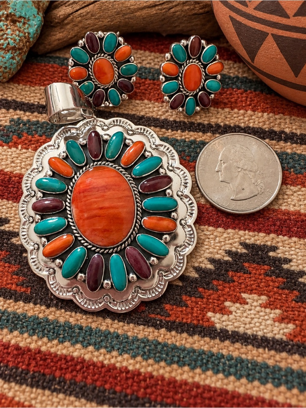 Turquoise, orange spiny, purple spiny Sterling Silver Pendant & Earring SET 💜🧡🩵
